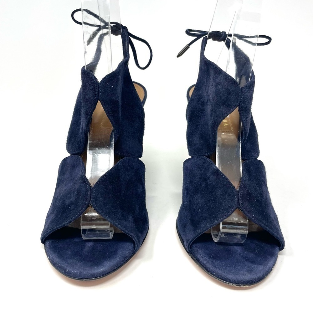 Aquazzura Iman Blue Suede Cutout Wedge Sandals Size 37.5 as seen Julianne Moore - Picture 7 of 13